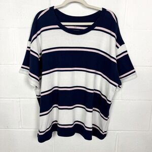 Lands End Womens Top Plus Size 2X Blue Pink Stripe Boxy Cotton Preppy Casual